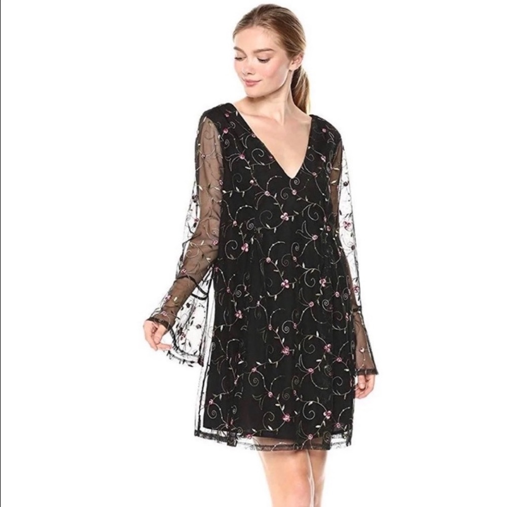 BCBGeneration Floral Embroidered Chiffon Bow Dress